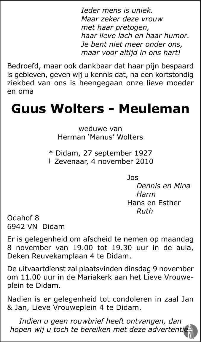 Guus Wolters Meuleman Overlijdensbericht En Condoleances