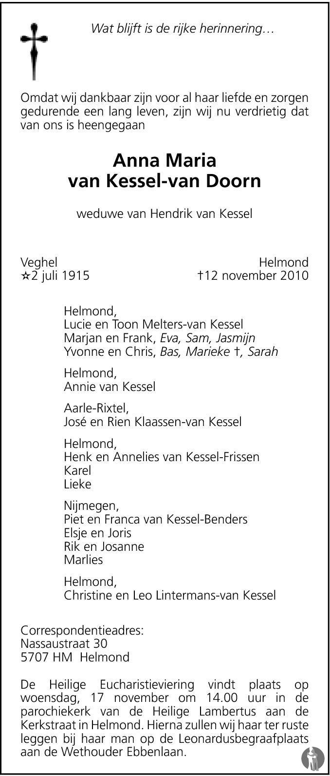 Anna Maria van Kessel - van Doorn 12-11-2010 overlijdensbericht en ...
