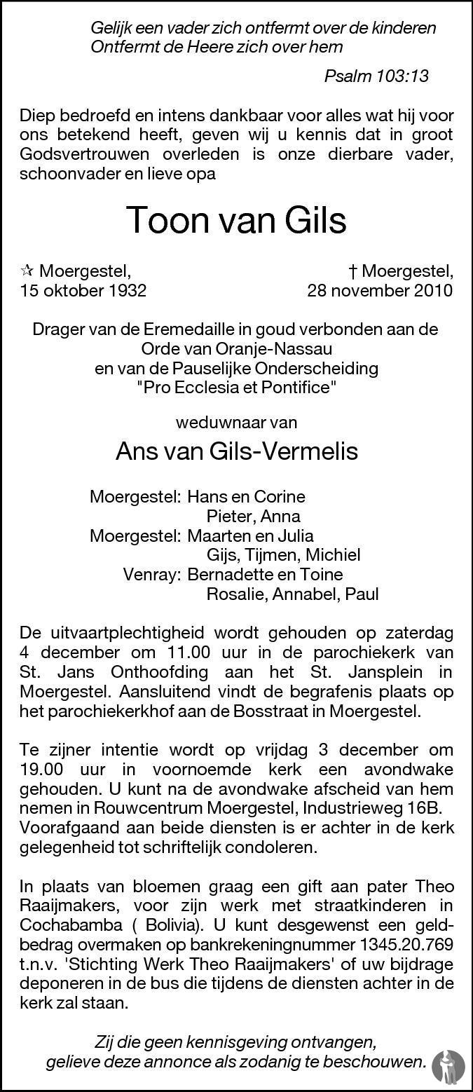 Overlijdensbericht van Toon van Gils in Brabants Dagblad
