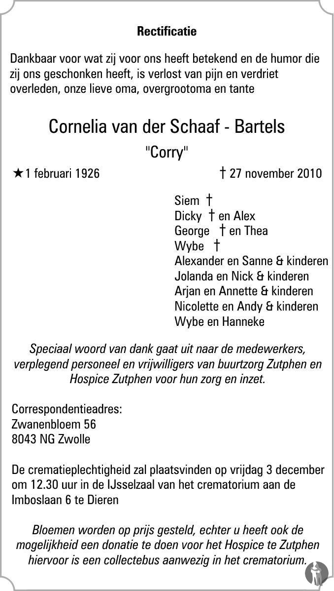 Overlijdensbericht van Cornelia (Corry) van der Schaaf - Bartels in de Stentor