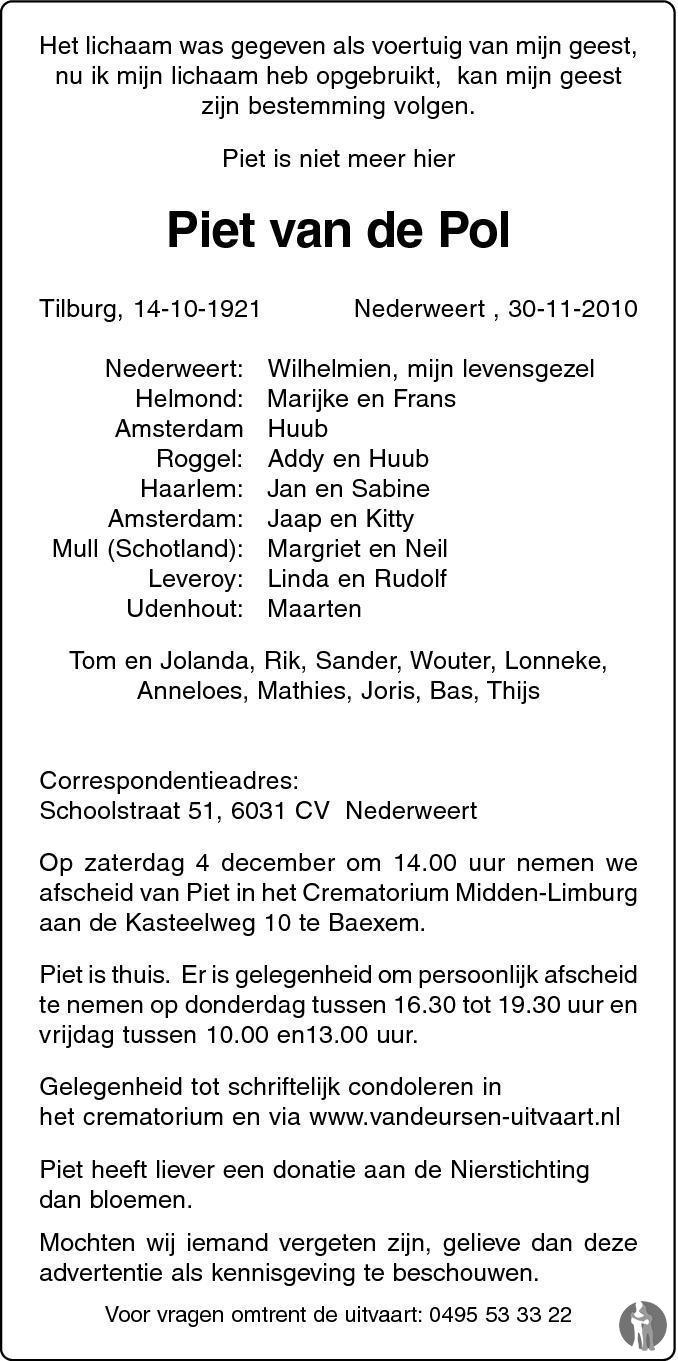 Piet van de Pol 30112010 overlijdensbericht en condoleances