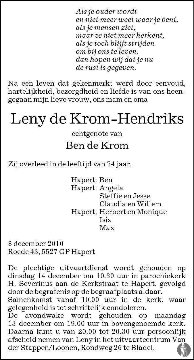 Leny de Krom - Hendriks 08-12-2010 overlijdensbericht en condoleances ...