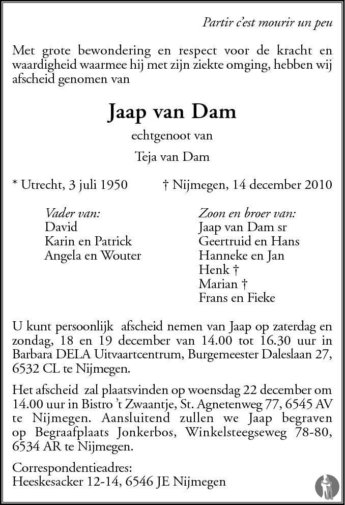 Jaap van Dam 14-12-2010 overlijdensbericht en condoleances - Mensenlinq.nl