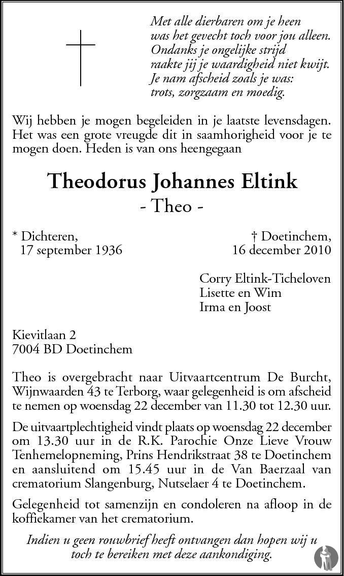 Theodorus Johannes (Theo) Eltink 16122010 overlijdensbericht en