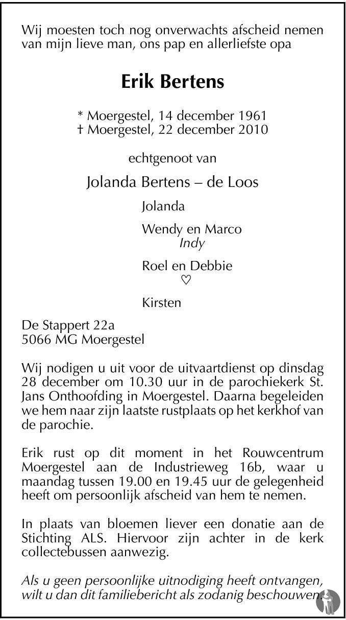 Overlijdensbericht van Erik Bertens in Brabants Dagblad