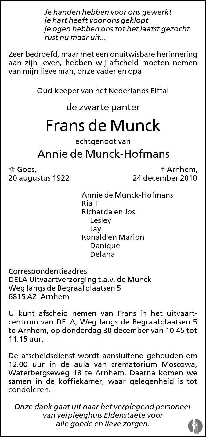 Frans de Munck 24122010 overlijdensbericht en condoleances