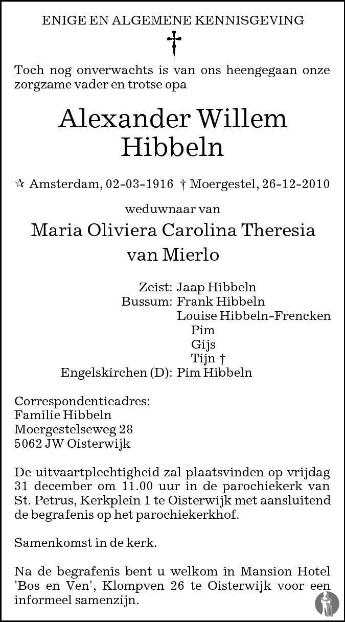 Overlijdensbericht van Alexander Willem Hibbeln in Brabants Dagblad