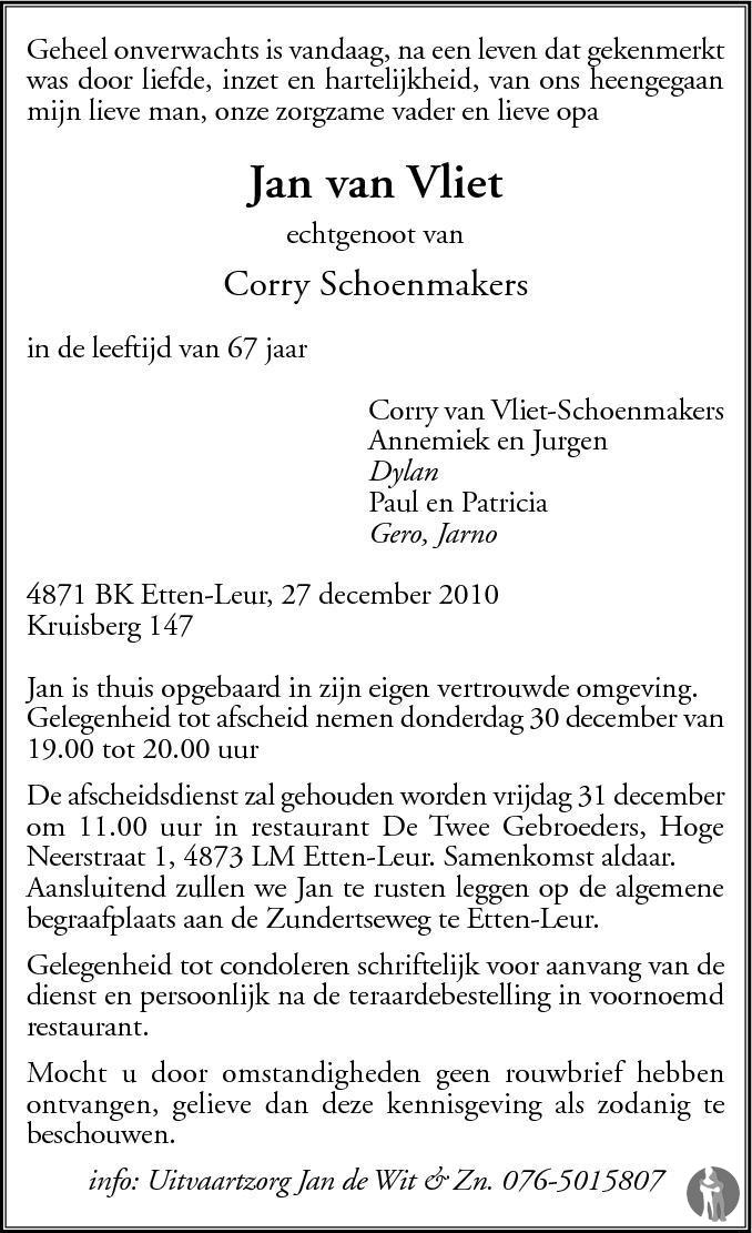 Jan Van Vliet 27-12-2010 Overlijdensbericht En Condoleances - Mensenlinq.nl