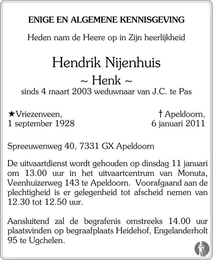 Hendrik Henk Nijenhuis Overlijdensbericht En Condoleances Mensenlinq Nl