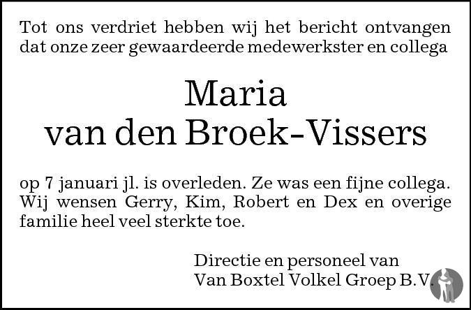 Maria van den Broek Vissers 09012011 overlijdensbericht en