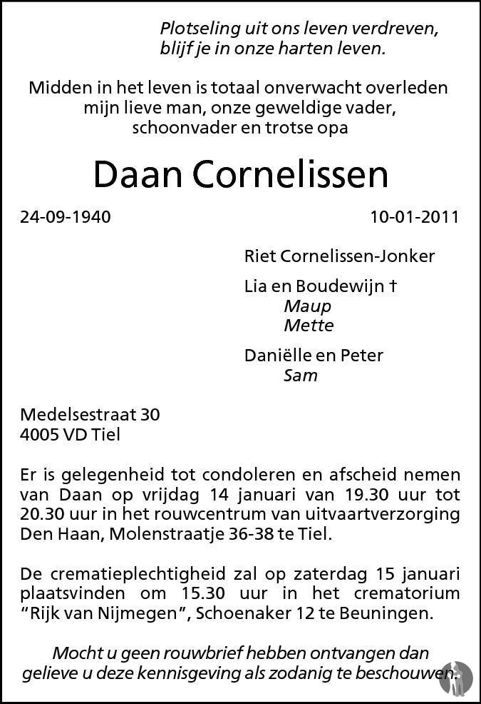 Daan Cornelissen 10-01-2011 overlijdensbericht en condoleances ...