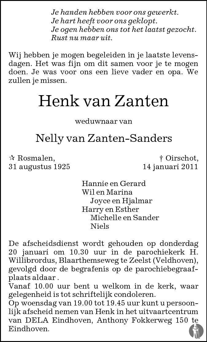 Henk van Zanten 14-01-2011 overlijdensbericht en condoleances ...