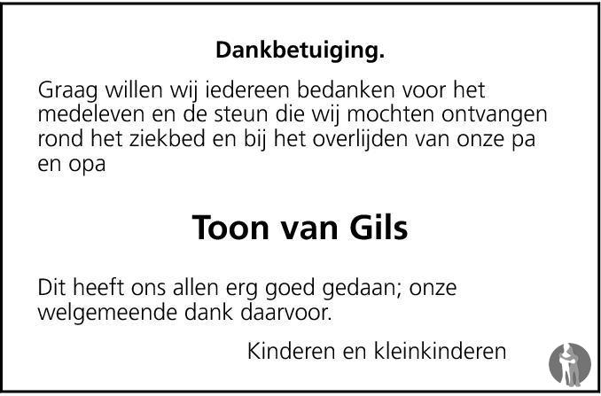 Overlijdensbericht van Toon van Gils in Brabants Dagblad