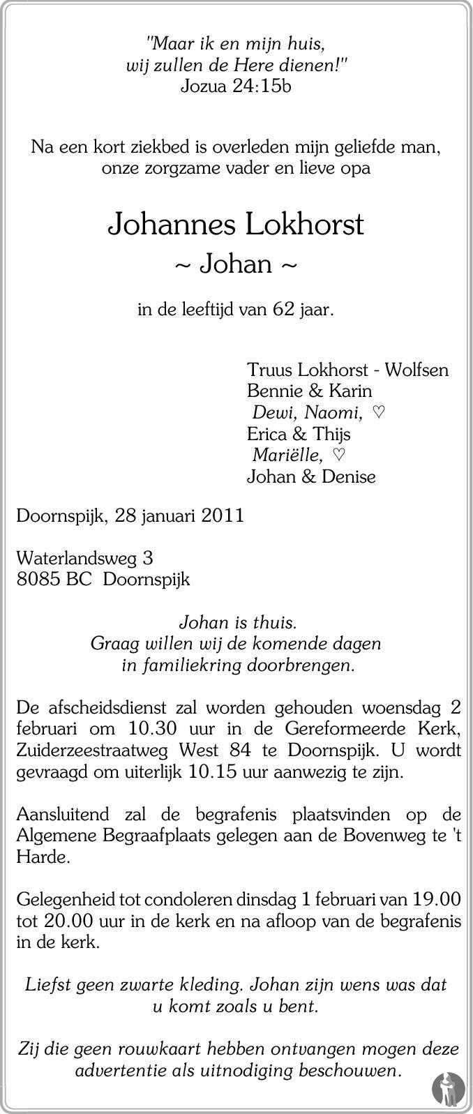 Johannes (Johan) Lokhorst 28012011 overlijdensbericht en condoleances