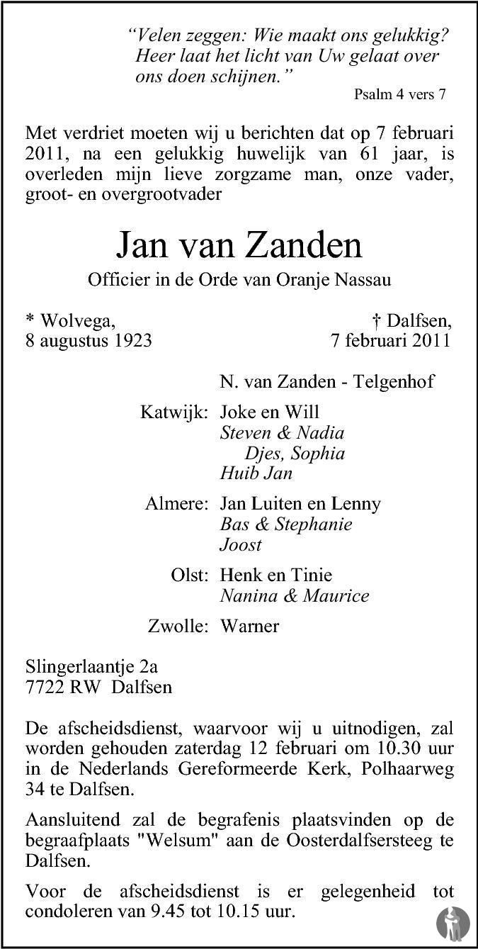 Jan van Zanden 07-02-2011 overlijdensbericht en condoleances ...