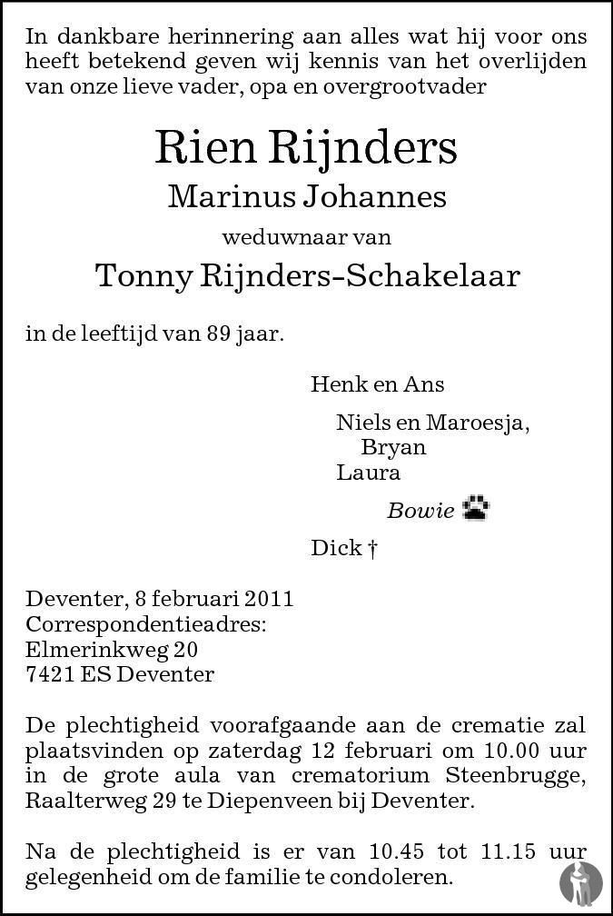 Overlijdensbericht van Marinus Johannes (Rien) Rijnders in de Stentor