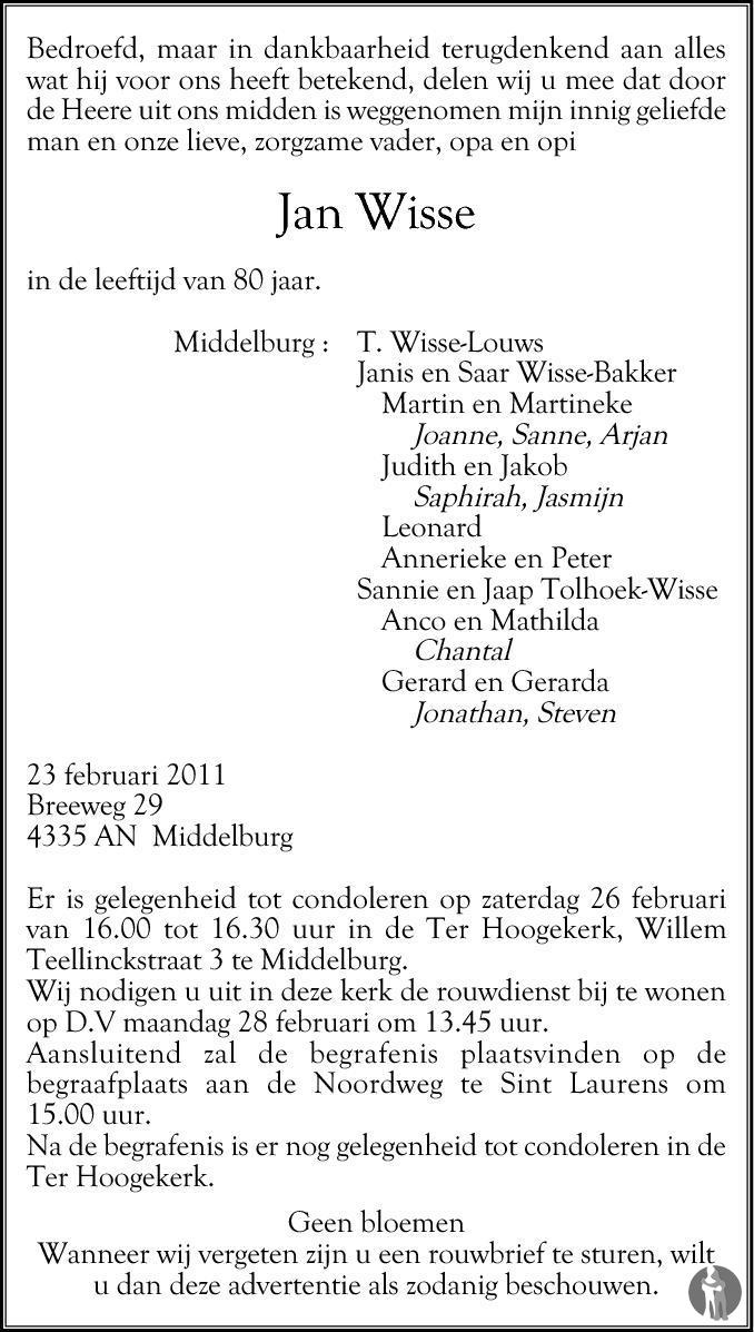 Jan Wisse 23022011 overlijdensbericht en condoleances Mensenlinq.nl