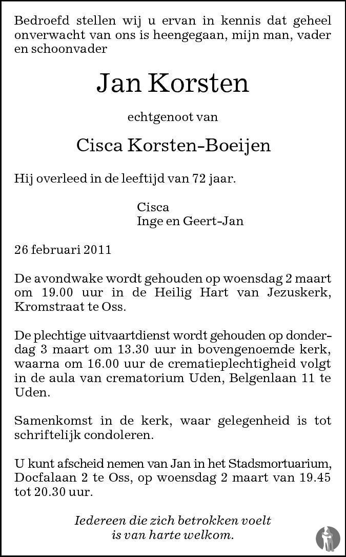 Jan Korsten 26-02-2011 overlijdensbericht en condoleances - Mensenlinq.nl