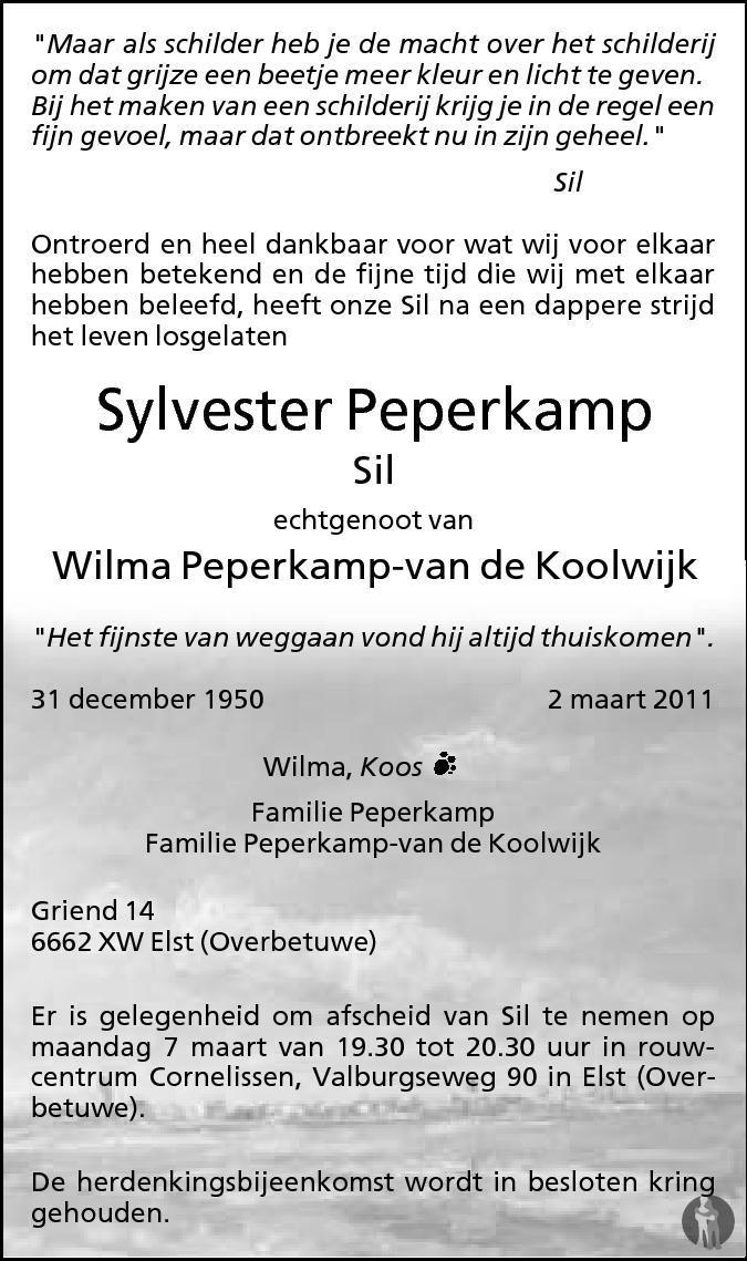Sylvester (Sil) Peperkamp 02-03-2011 overlijdensbericht en condoleances ...