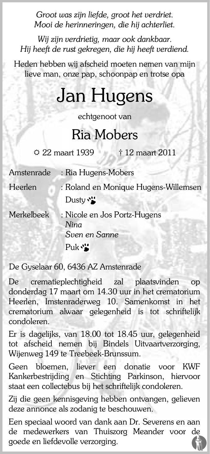 Jan Hugens 12032011 overlijdensbericht en condoleances Mensenlinq.nl