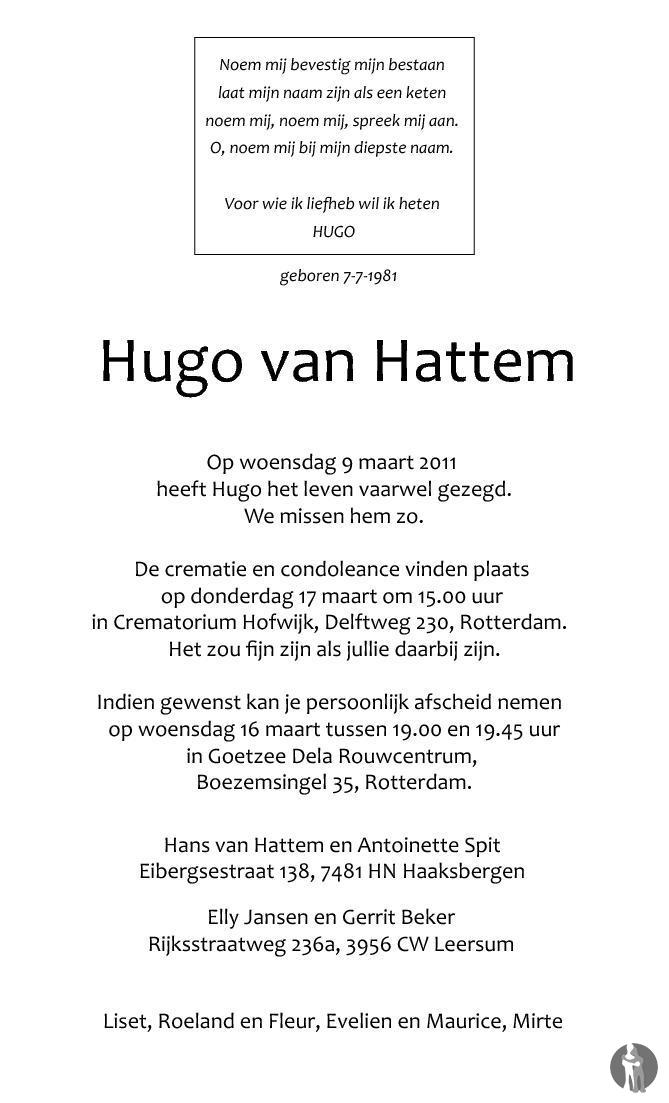 trui helpen roterend Hugo van Hattem ✝ 09-03-2011 overlijdensbericht en condoleances -  Mensenlinq.nl