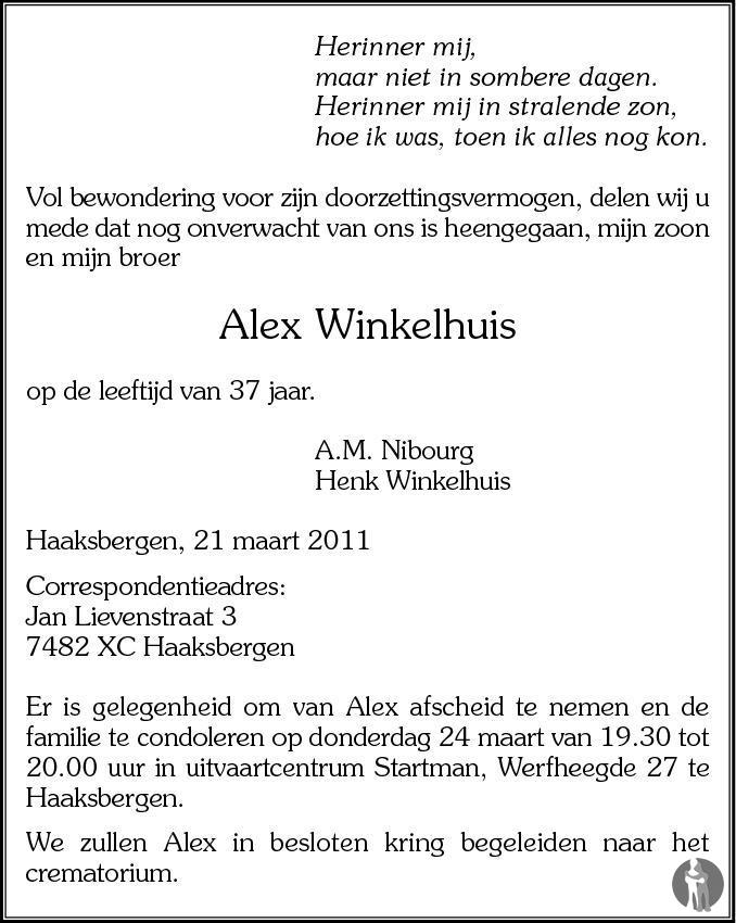 Overlijdensbericht van Alex Winkelhuis in Tubantia
