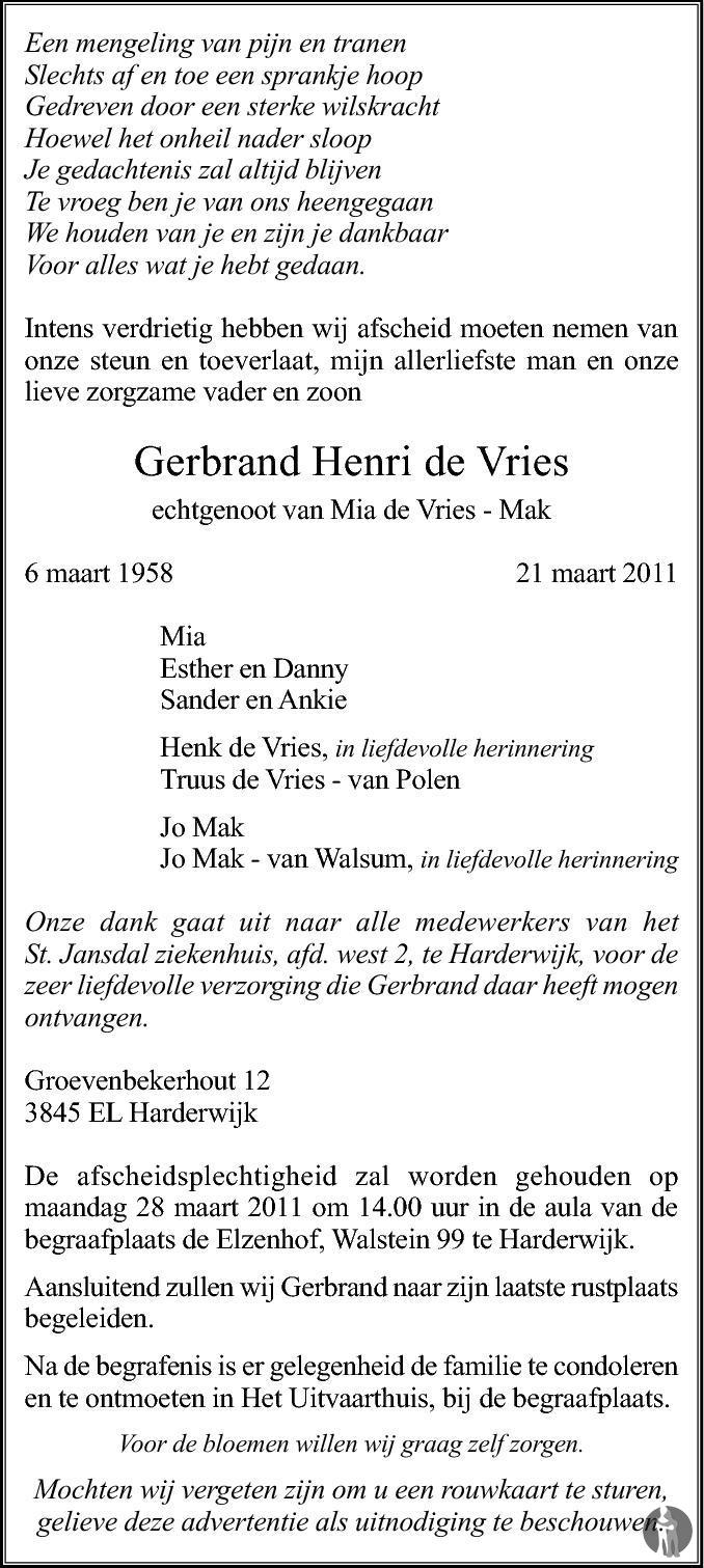 Gerbrand Henri de Vries 21-03-2011 overlijdensbericht en condoleances ...