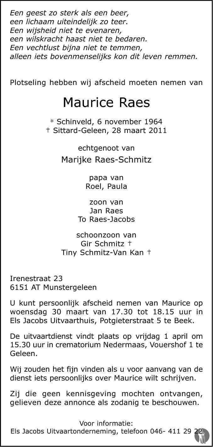 Maurice Raes 28032011 overlijdensbericht en condoleances Mensenlinq.nl