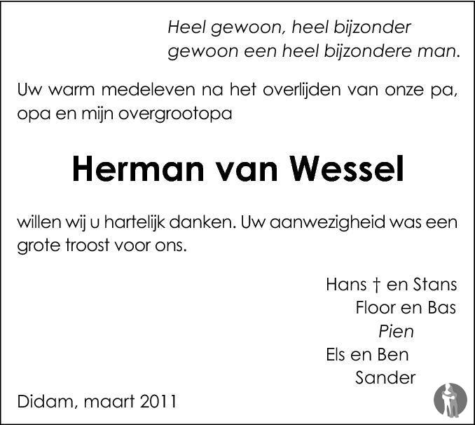 Hermanus Theodorus Herman Van Wessel Overlijdensbericht En Condoleances Mensenlinq Nl