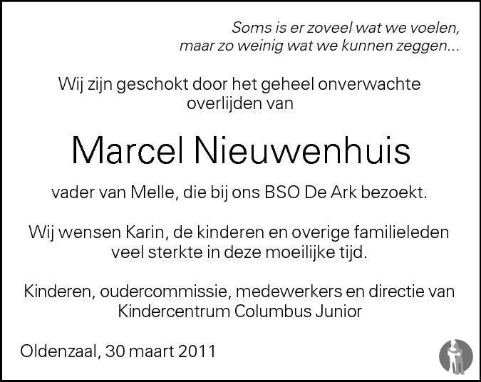 Overlijdensbericht van Marcel Albertus (Marcel) Nieuwenhuis in Tubantia