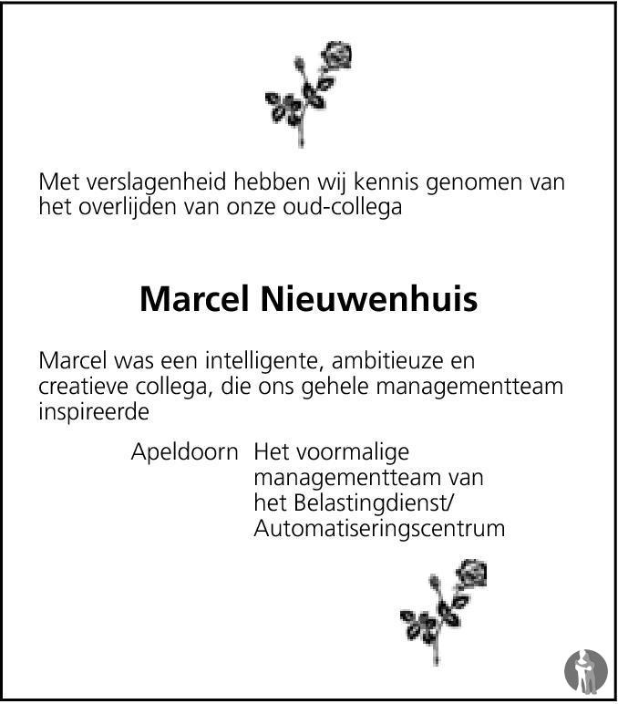 Overlijdensbericht van Marcel Albertus (Marcel)  Nieuwenhuis in Tubantia