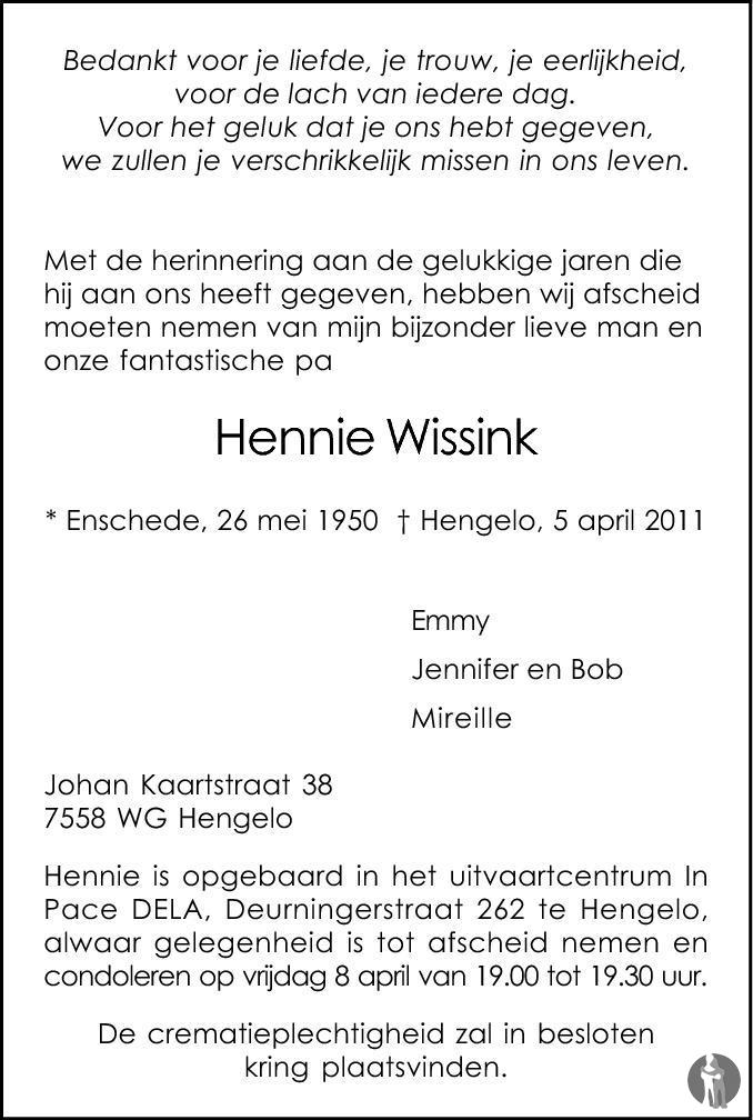 Hennie Wissink 05-04-2011 overlijdensbericht en condoleances ...