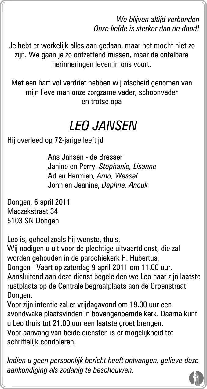 Leo Jansen 06-04-2011 overlijdensbericht en condoleances - Mensenlinq.nl