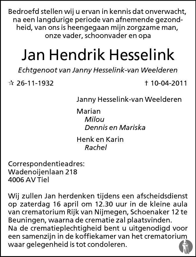 Jan Hendrik Hesselink 10-04-2011 overlijdensbericht en condoleances ...