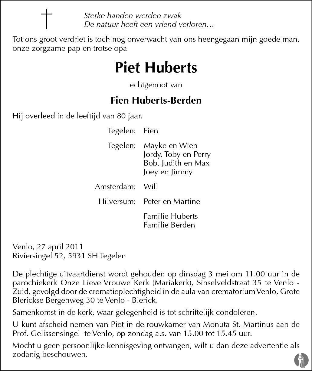 Piet Huberts 27 04 2011 overlijdensbericht en condoleances Mensenlinq nl