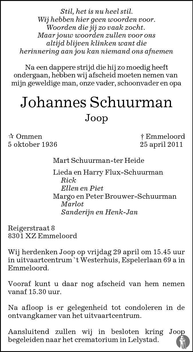 Johannes Joop Schuurman 25 04 11 Overlijdensbericht En Condoleances Mensenlinq Nl