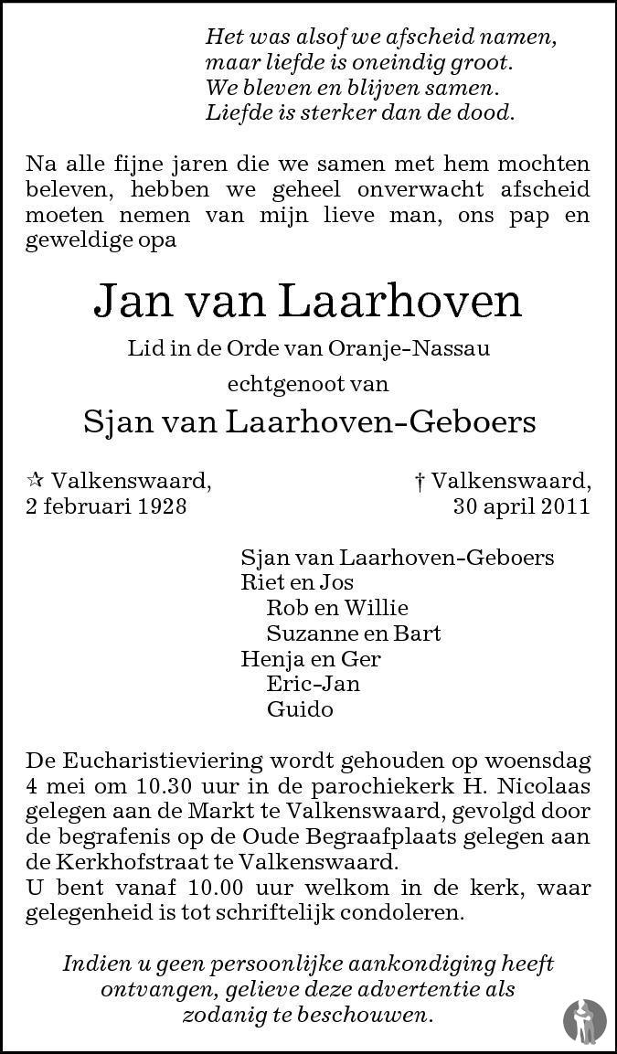 Jan van Laarhoven 30-04-2011 overlijdensbericht en condoleances ...