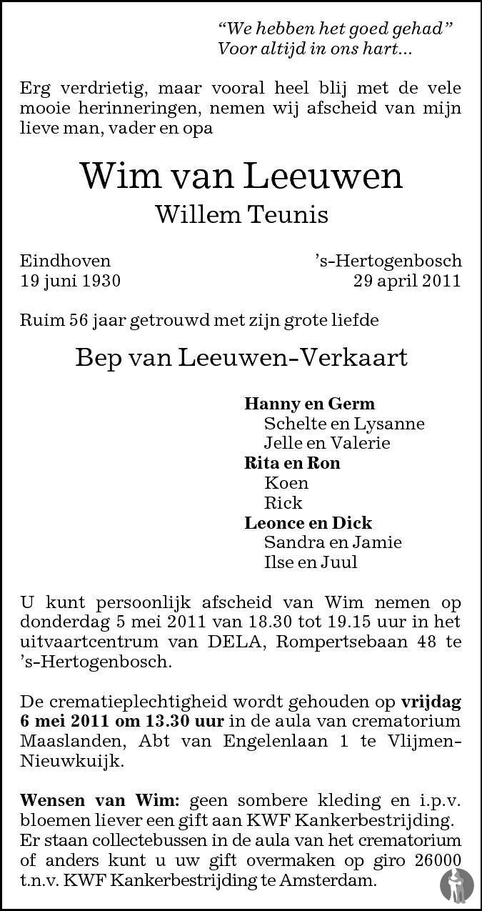 Willem Teunis (Wim) van Leeuwen 29-04-2011 overlijdensbericht en ...