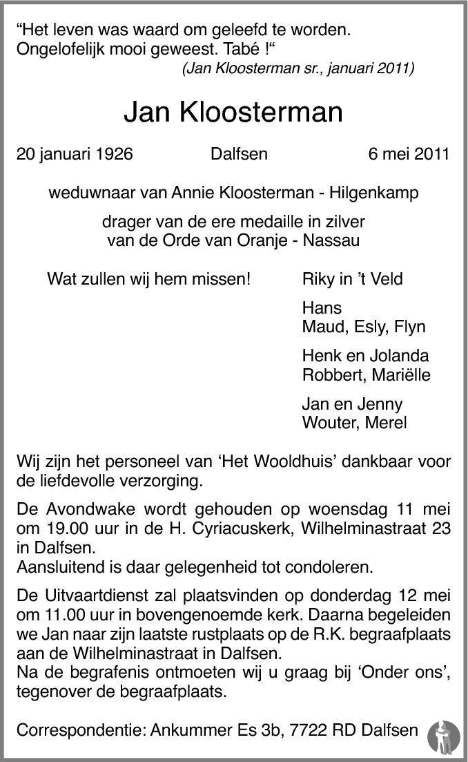 Jan Kloosterman 06-05-2011 overlijdensbericht en condoleances ...