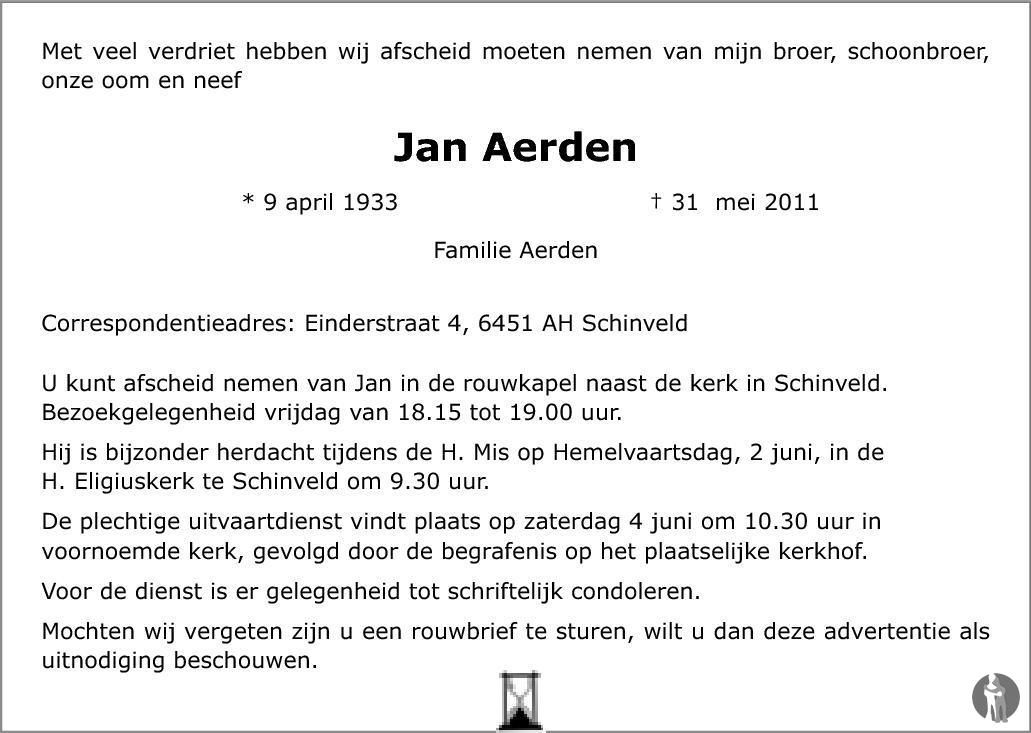 Jan Aerden 31052011 overlijdensbericht en condoleances Mensenlinq.nl