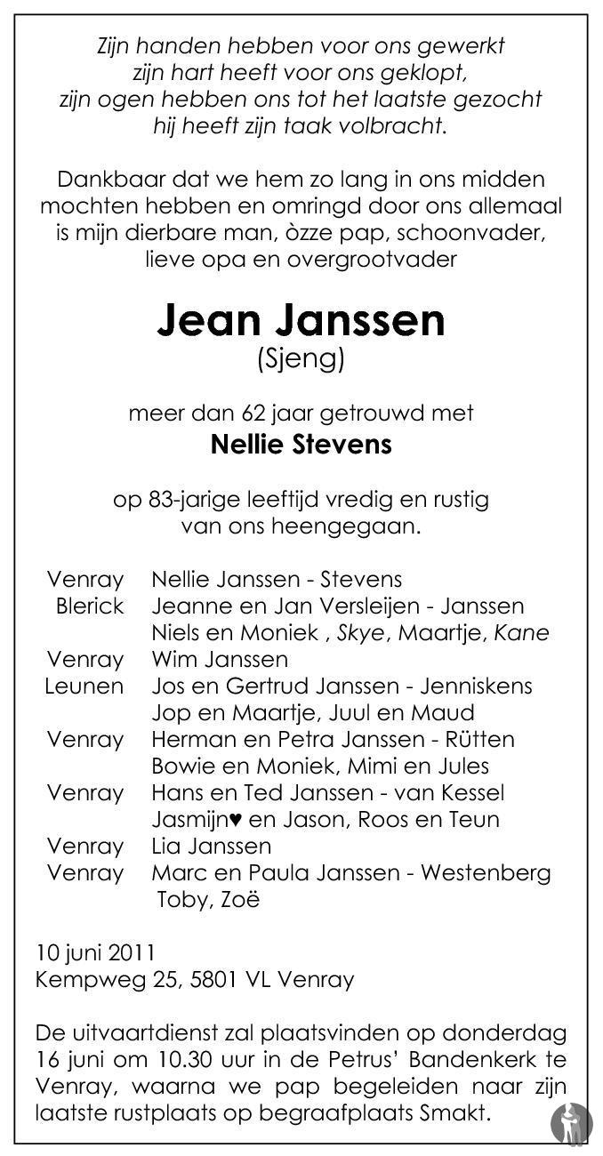 Jean (Sjeng) Janssen 10-06-2011 overlijdensbericht en condoleances ...