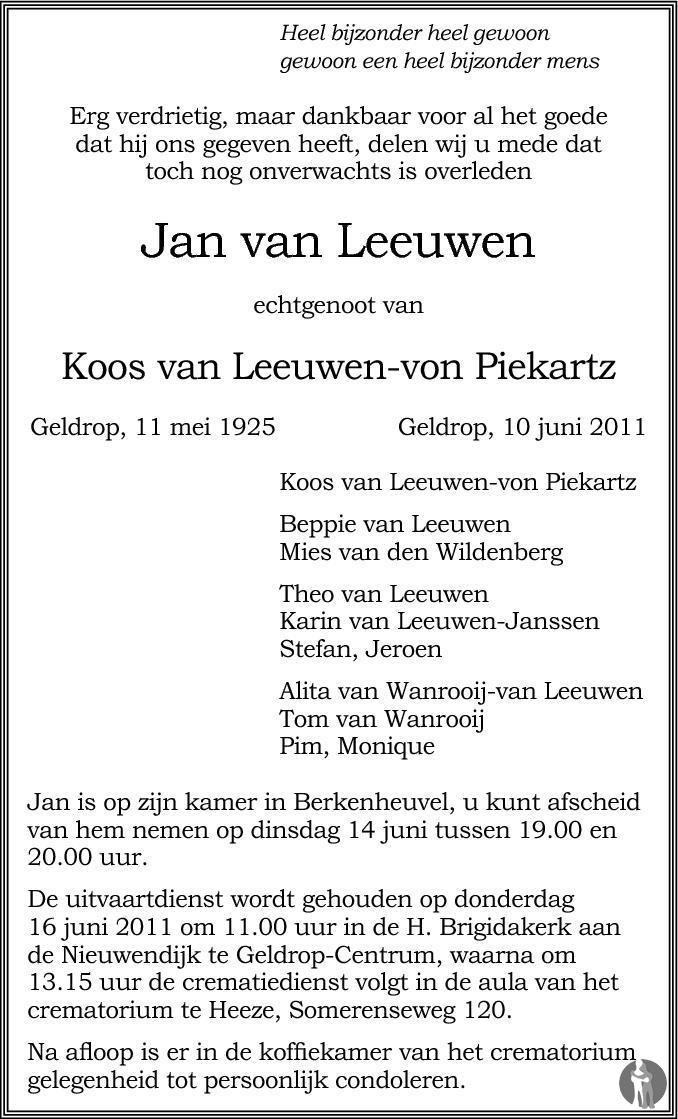 Jan Van Leeuwen 10-06-2011 Overlijdensbericht En Condoleances 