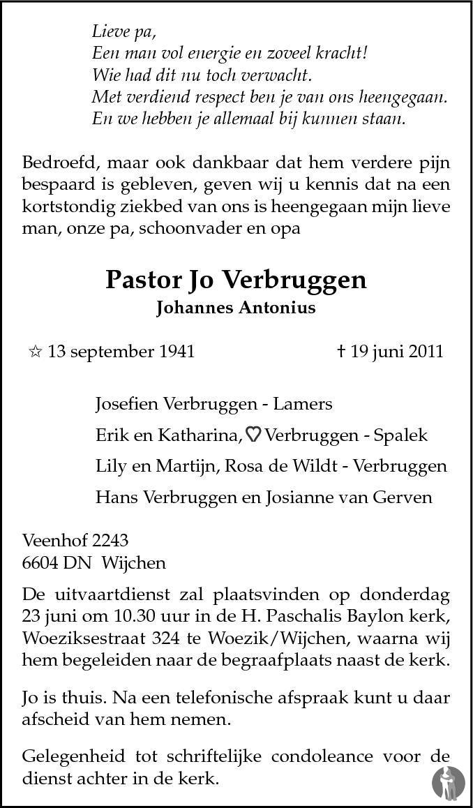 Johannes Antonius Pastor Jo Verbruggen 19 06 2011 Overlijdensbericht En Condoleances