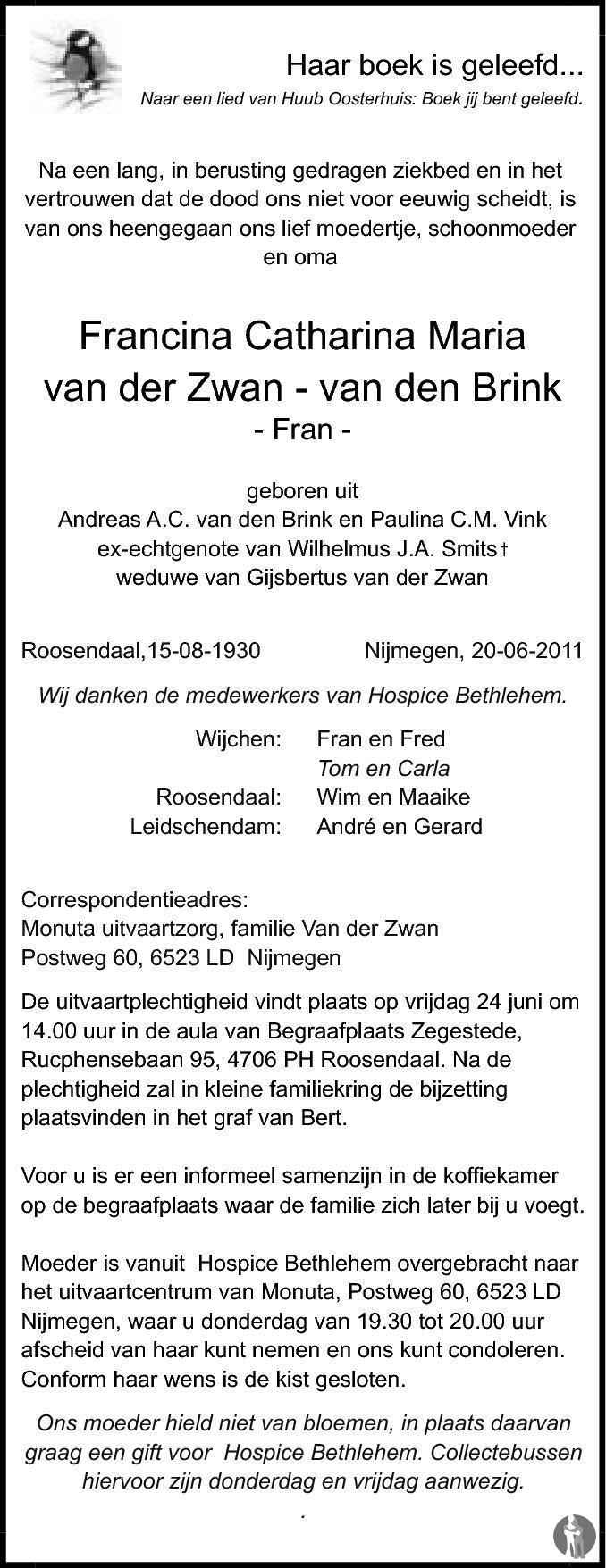 Overlijdensbericht van Francina Catharina Maria (Fran) van der Zwan - van den Brink in BN DeStem