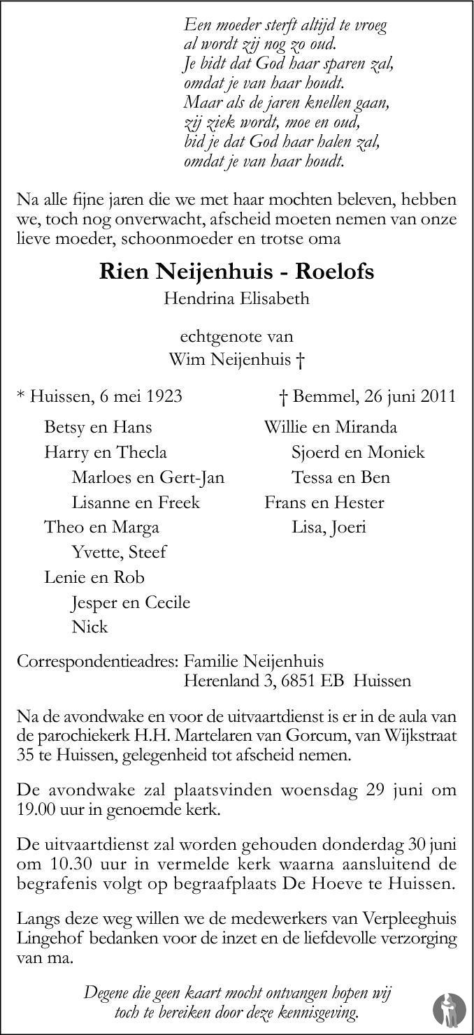 Overlijdensbericht van Hendrina Elisabeth (Rien) Neijenhuis - Roelofs in de Gelderlander