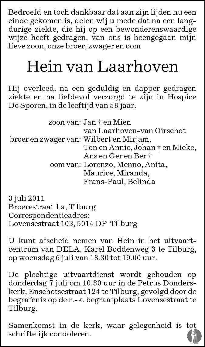 Hein van Laarhoven 03-07-2011 overlijdensbericht en condoleances ...