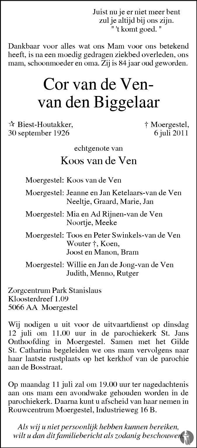 Overlijdensbericht van Cor van de Ven - van den Biggelaar in Brabants Dagblad