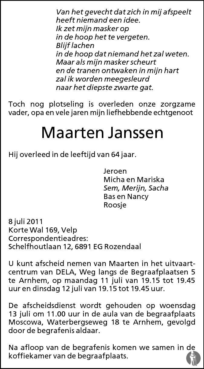 Maarten Janssen 08-07-2011 overlijdensbericht en condoleances ...