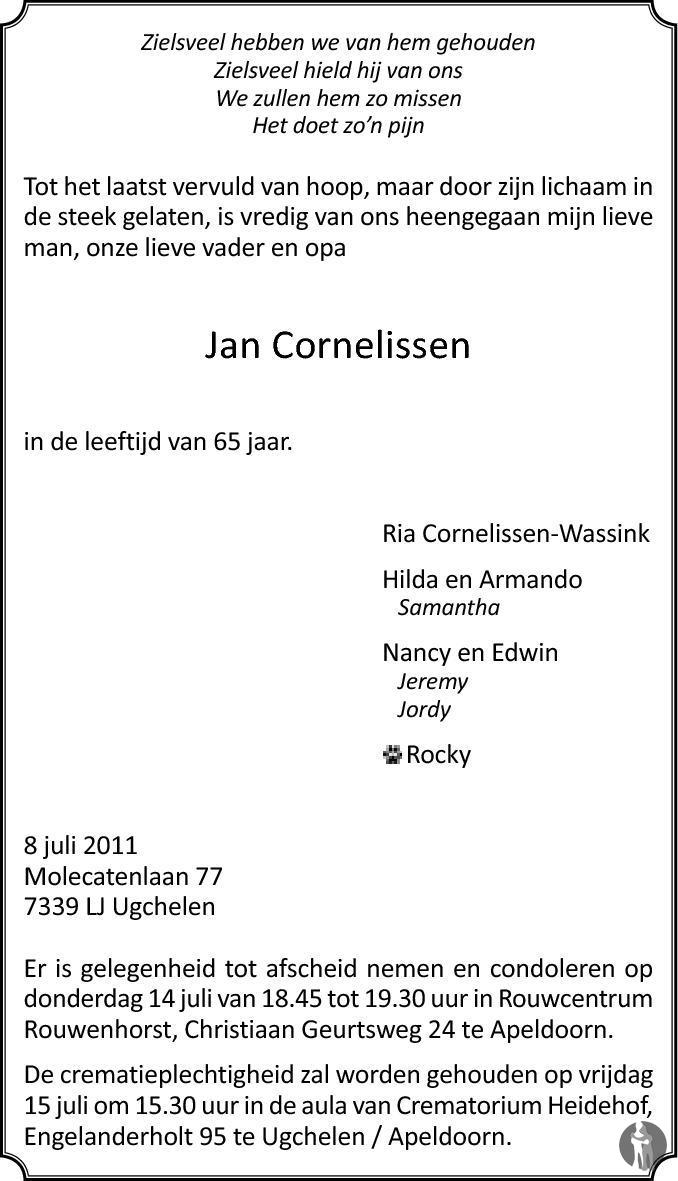 Jan Cornelissen 08-07-2011 overlijdensbericht en condoleances ...