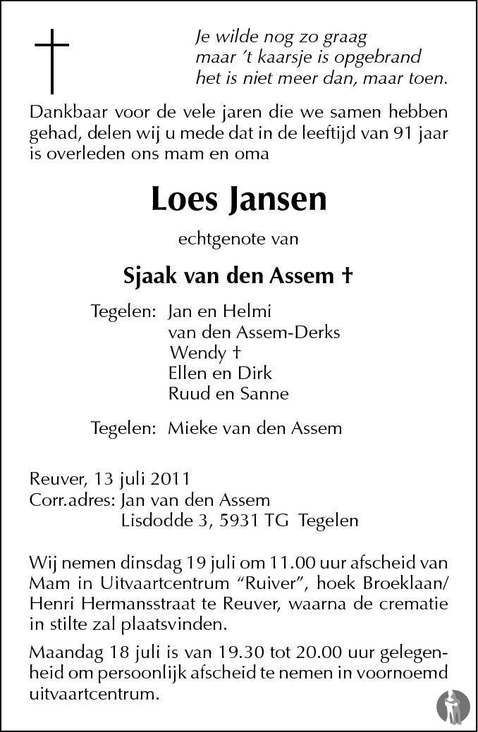 Loes van den Assem - Jansen 13-07-2011 overlijdensbericht en ...